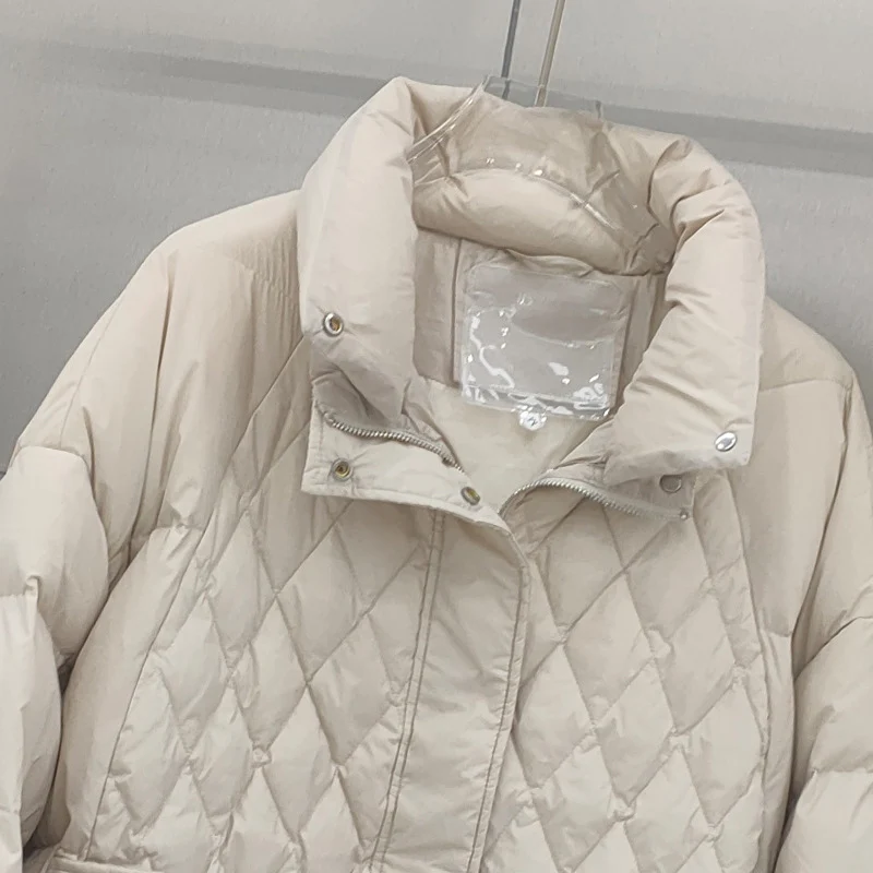 Schinteon Women White Duck Down Jacket Stand Collar Argyle Autumn Winter Casual Over Size Outwear Coat Real Picture Top 2024 New