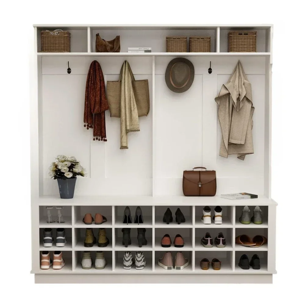 شجرة قاعة مدخل كبيرة 3 في 1 مع مقعد أحذية ورف معطف مع 18 مكعب تخزين للأحذية و6 خطافات معلقة