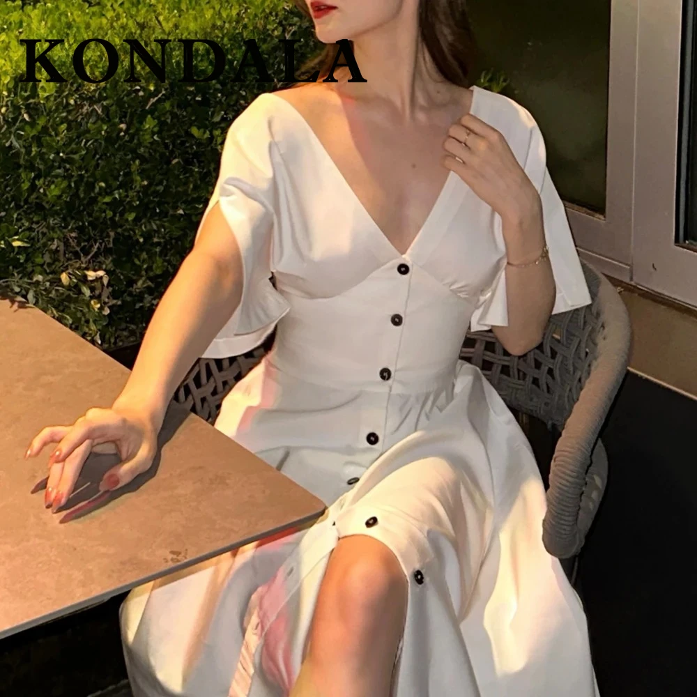 

KONDALA винтажное элегантное плиссированное женское платье с v-образным вырезом, однобортное платье с короткими рукавами, шикарная уличная одежда, женские драпированные платья