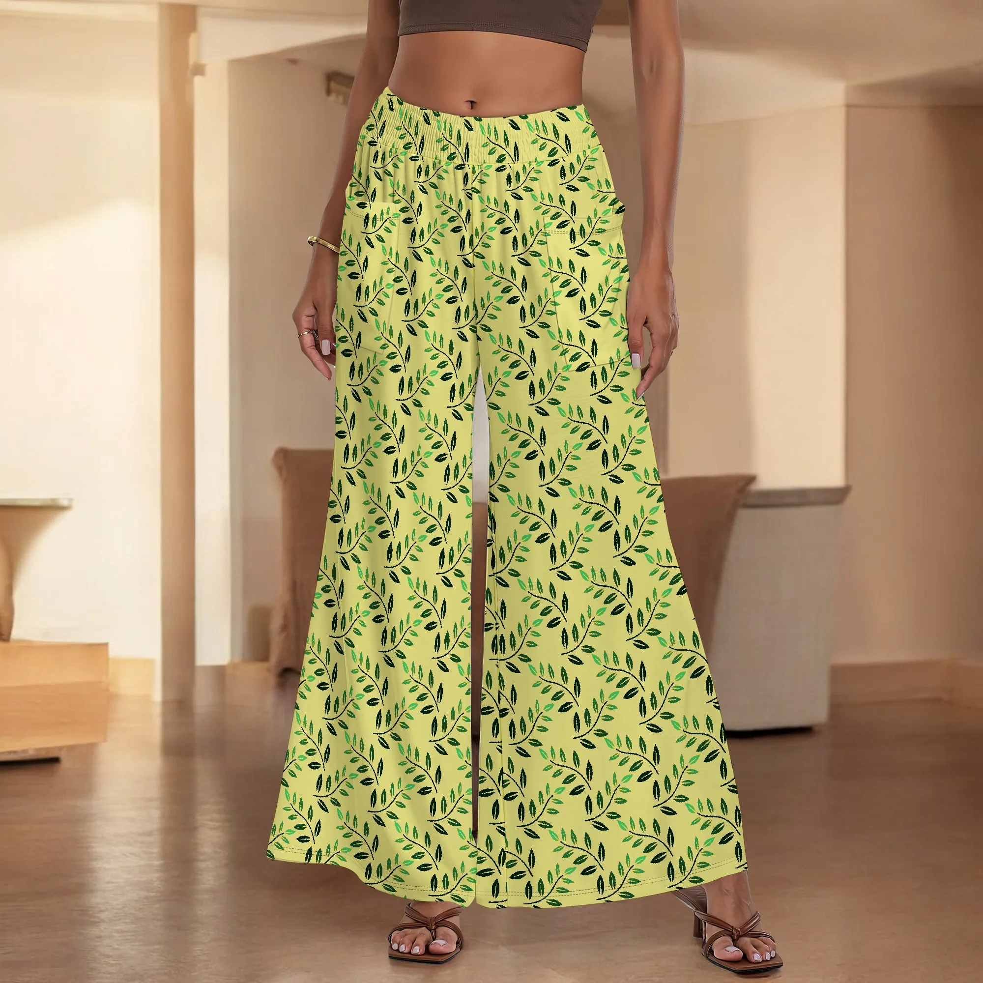 Women's Wide Leg Pants with Pockets Leaf Pattern for All Seasons Casual Comfort  Botanical Garden Market Walk