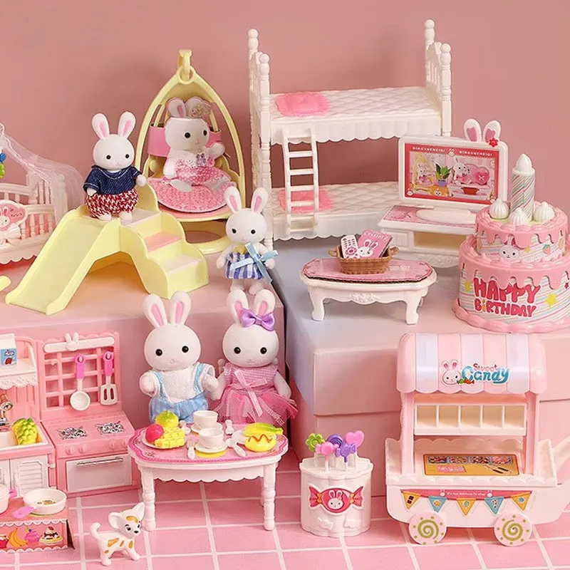 1/12 Micro Dollhouse Rabbit Family Kitchen Toy Miniature Furniture Set Simulation Baby Crib Bathroom Forest Family Party Gifts