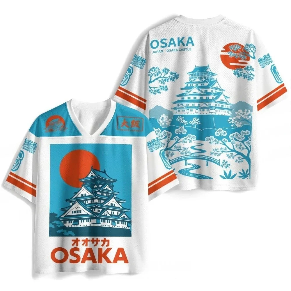 Children and Adults, American Retro Japanese Travel Atmosphere, Osaka Castle+Sakura 3D Printed Street Fashion with Short Sleeves