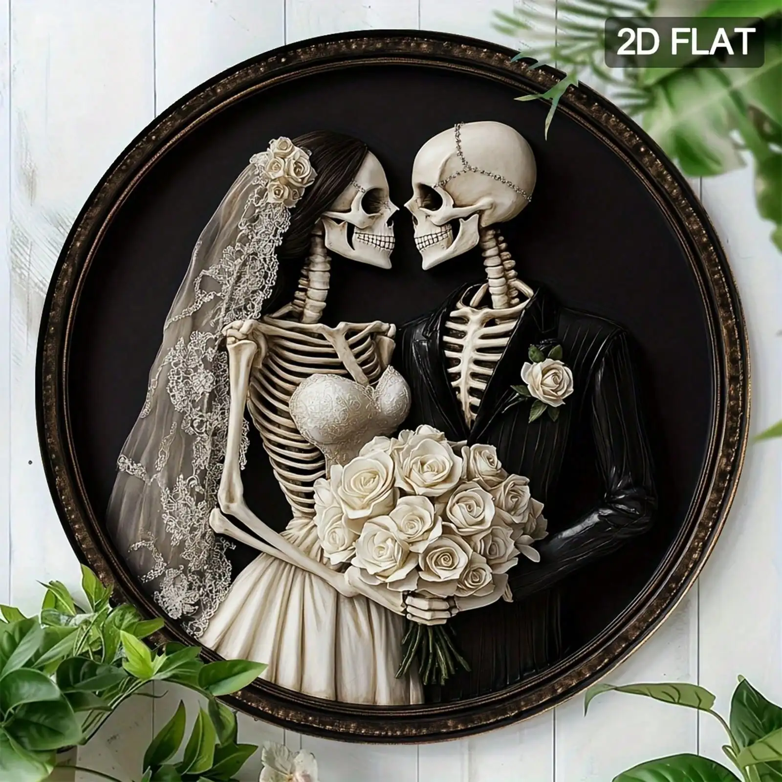 2D Flat Gothic Skeleton Wedding Wooden Sign, Rustic Halloween Bridal Couple Wall Art, Aesthetic Dark Romance Decor, Vintage Brid