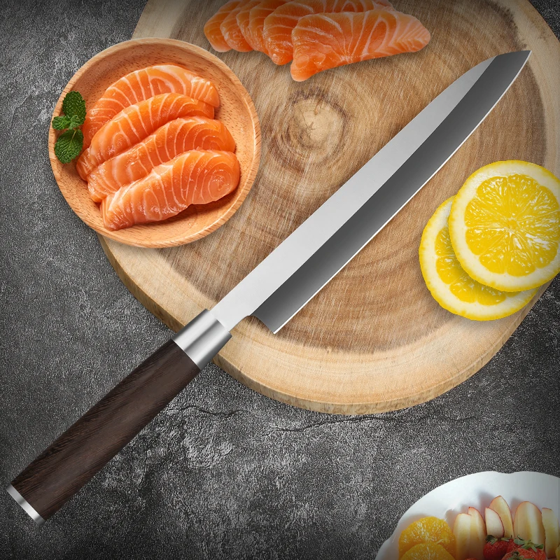 

Японский нож для сашими, 365 мм, кухонные ножи для резки рыбы, мяса, нарезки филе, нержавеющая сталь X7Cr17MoV, деревянная ручка Ming