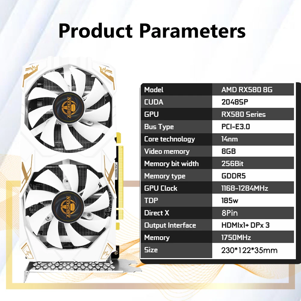 بطاقة فيديو AIBOMAN AMD RX580 8GB بطاقة الرسومات GDDR5 256Bit 2048SP Dragon Series بطاقات فيديو الألعاب مكون الكمبيوتر المكتبي