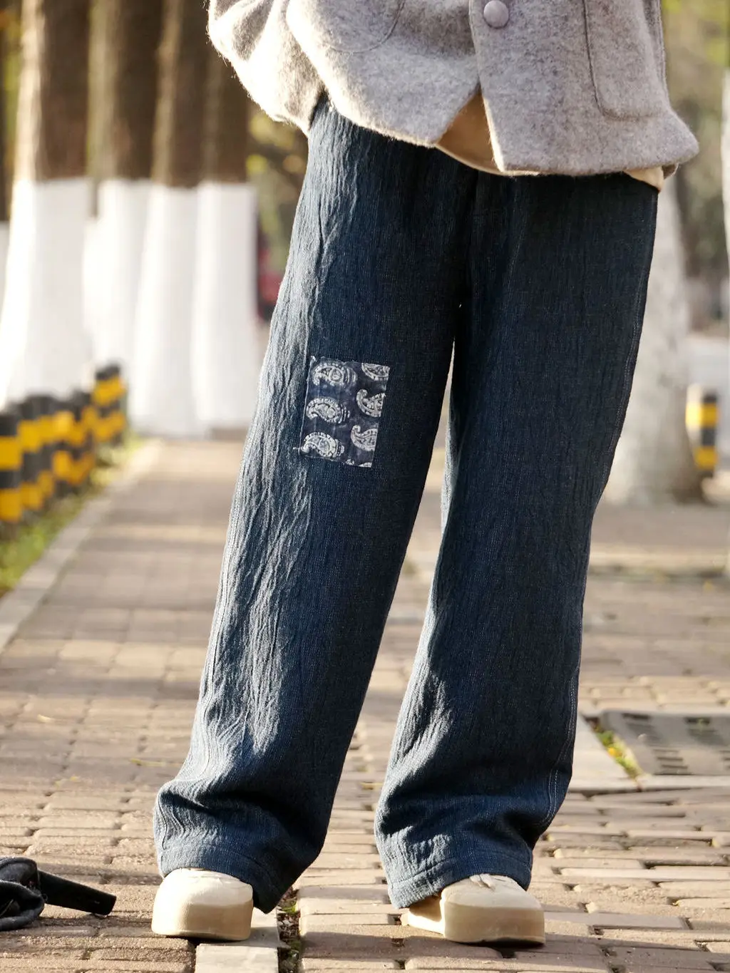 

Синие льняные брюки с широкими штанинами прямого кроя, теплые зимние брюки для женщин, модные, в стиле ретро, с оригинальным художественным дизайном, утепленные