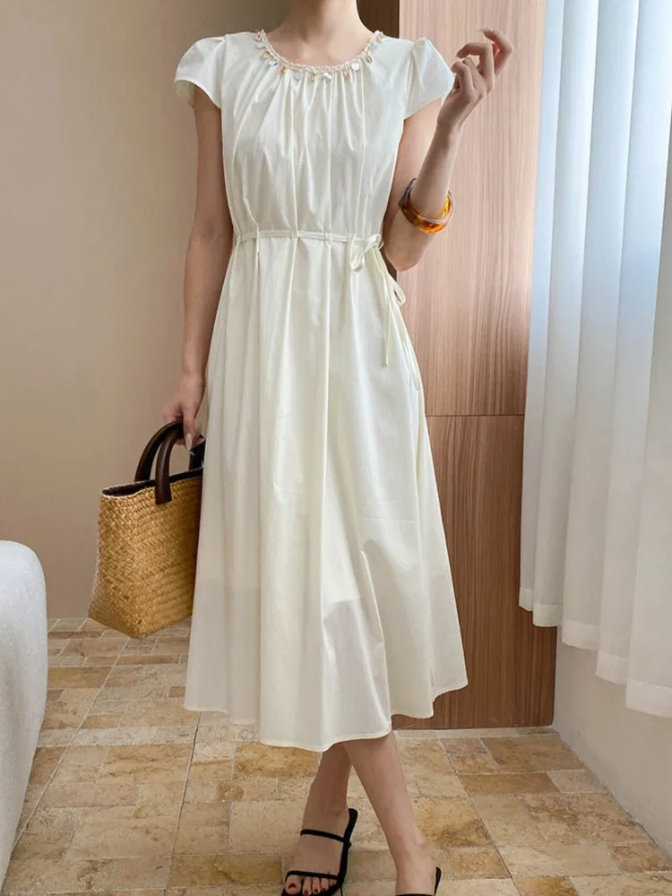 Sukienka damska letnia w stylu świątecznym 2025, codzienna, plażowa, jednolita, z koralikami, okrągły dekolt, krótki rękaw, midi, boho, vestidos