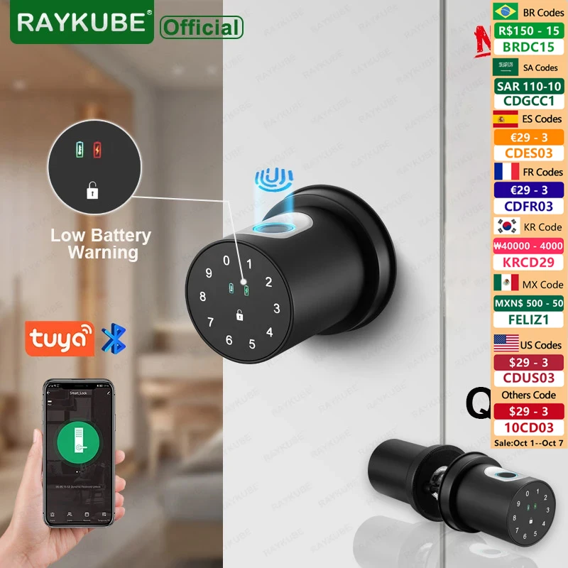 NEW RAYKUBE Q1 Electronic Lock Tuya Smart Lock Knob Bluetooth Smartlife Cylindrical fingerprint Electronic Code Lock APP Control