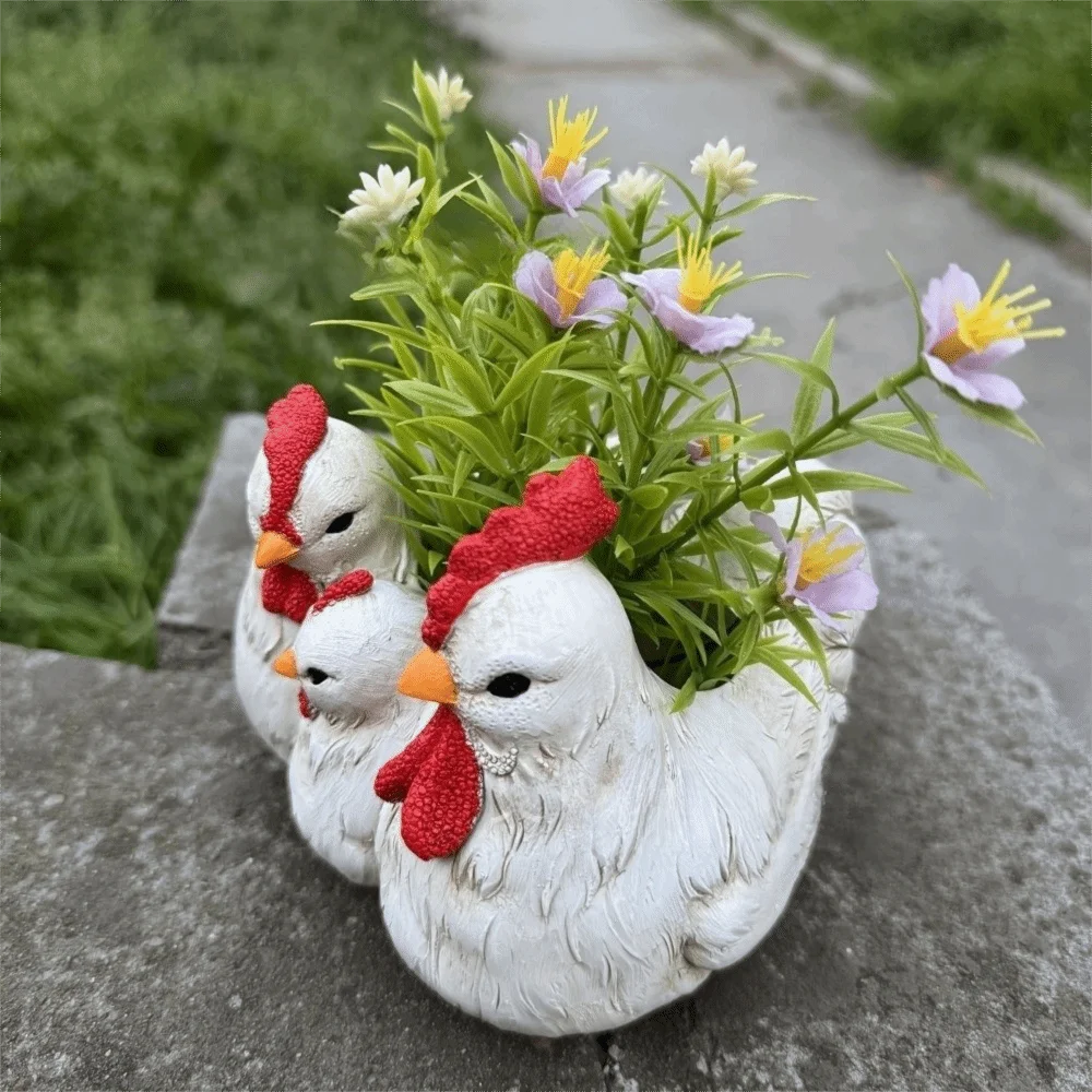 

Decoration Chicken Family Flowerpot Funny Farmhouse Style Garden Statue Resin Yard Ornaments Plant Pot Balcony Decoration
