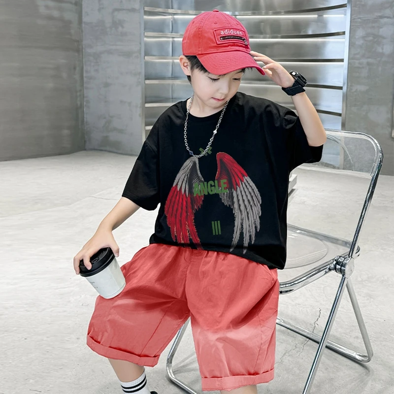 

Baby Boy Summer Suit Cartoons Anime Wings Design Hip-hop Loose T-shirt +Shorts Pants Outfits 5-12 Years Child Boys Clothing Sets