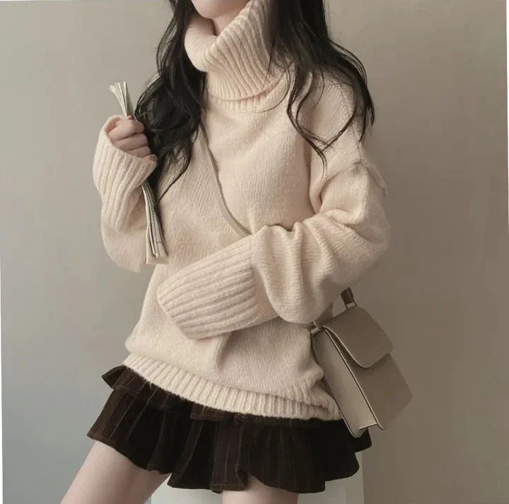 

MiiiiX Korean Style Oversize Loose Turtleneck Thickened Sweater Solid Basics Knitted Pullover 2024 Autumn Casual Women's Clothes