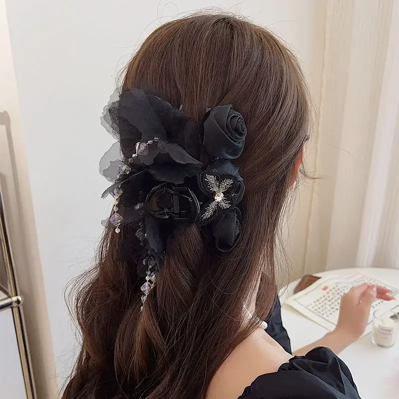 Exquisite Rose Tassel Hair Claw for Women Korean Style Headpiece Female Casual Hair Accessories Large Hair Clip New Headwear