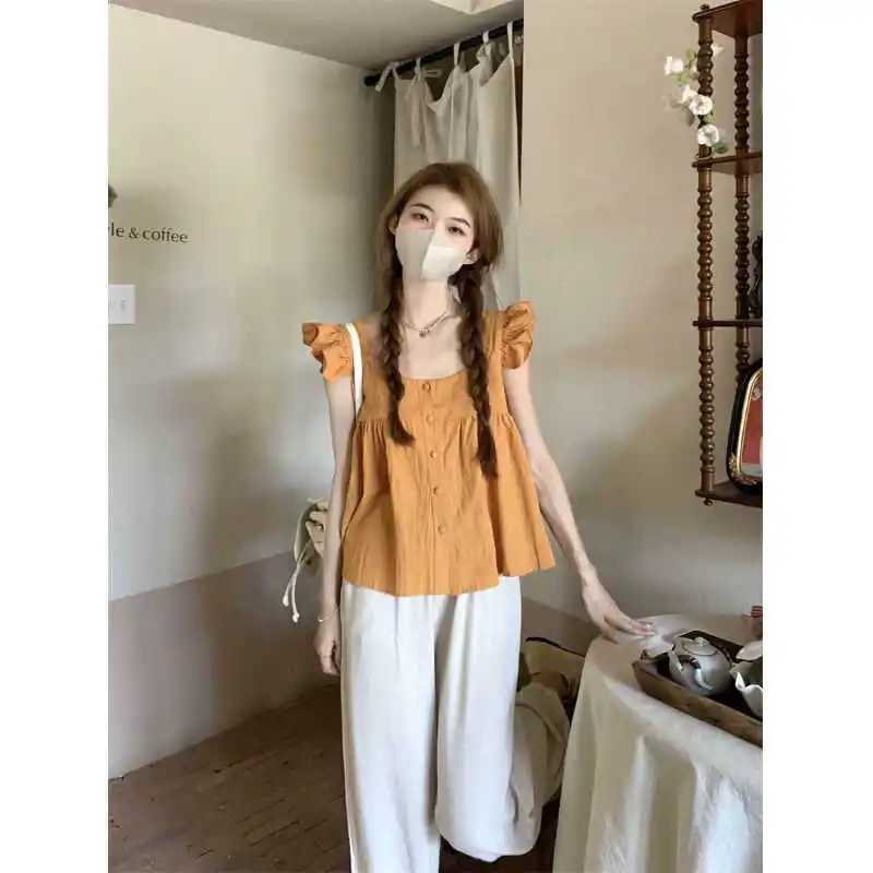 بلوزة نسائية صيفية جديدة بتصميم مطوي أنيق، فضفاضة ونحيفة، قميص كاجوال مريح وقابل للتنفس من القطن