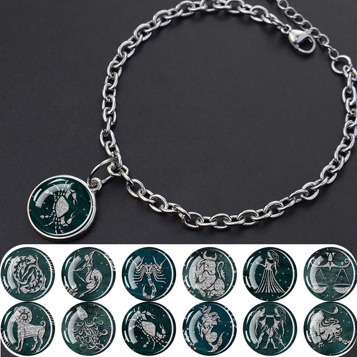 1PC Green Twelve Zodiac Pattern Bracelet, Exquisite Stainless Steel Chain with Glass Pendant, Loved By Holiday Gift Buyers.