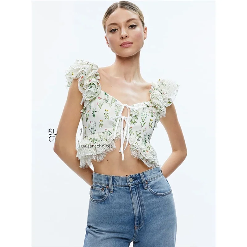 Top Curto com Detalhe em Renda Verde Estilo Doce Moda Fena Design de Nó  Csa Casual Visual Fresco Roupas de Susan