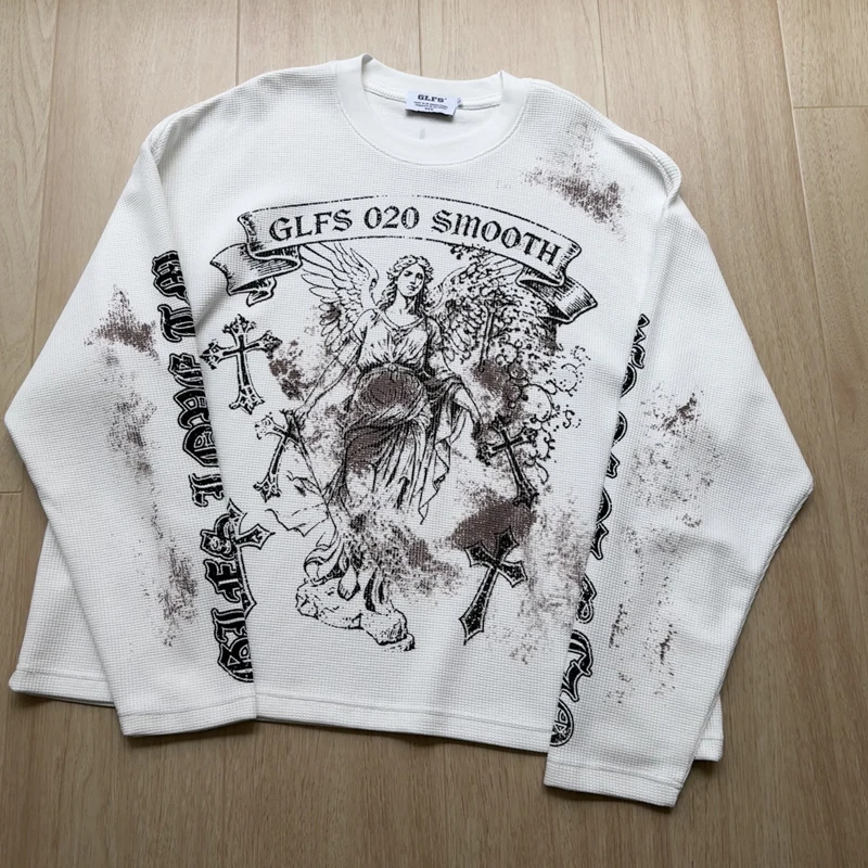 Stain Waffle Long Sleeve Angel Print T Shirt Men Women Streetwear Quick Dry T-shirt Loose Breathe Tops Tee Clothes