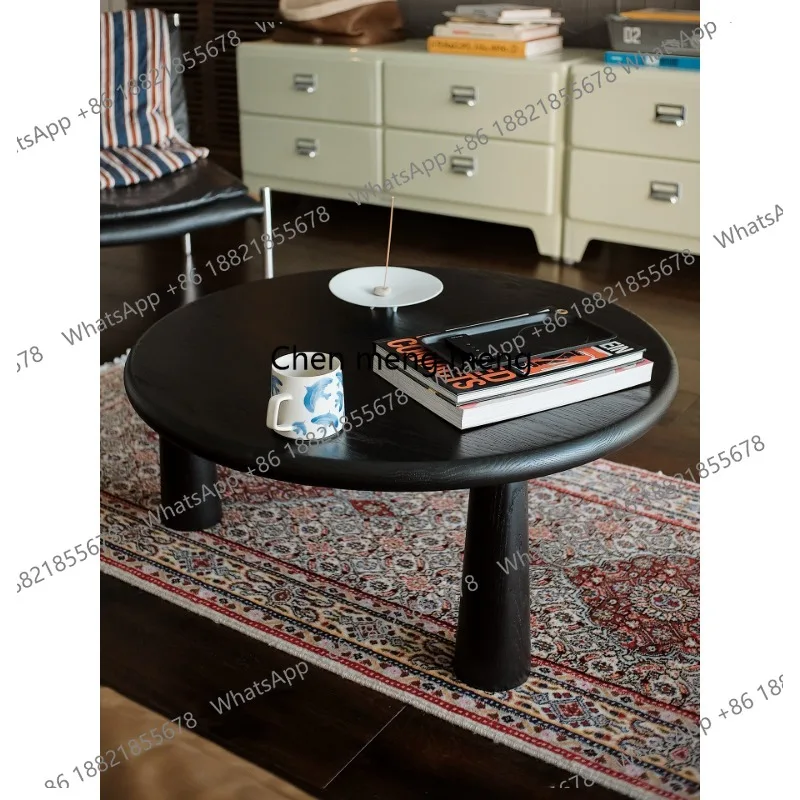 

Small apartment round table, black coffee table, solid wood living room, modern retro round low table