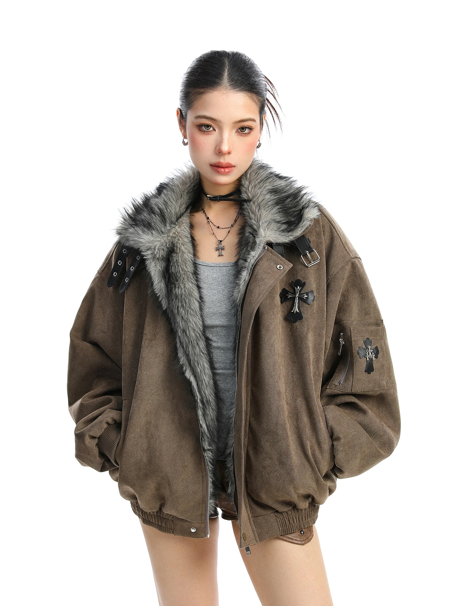 

Thiened Crossba Mountain Eagle Fur Collar Jaet Women's Winter Cotton Coat Stand Collar Trendy Street Sle Loose Fit