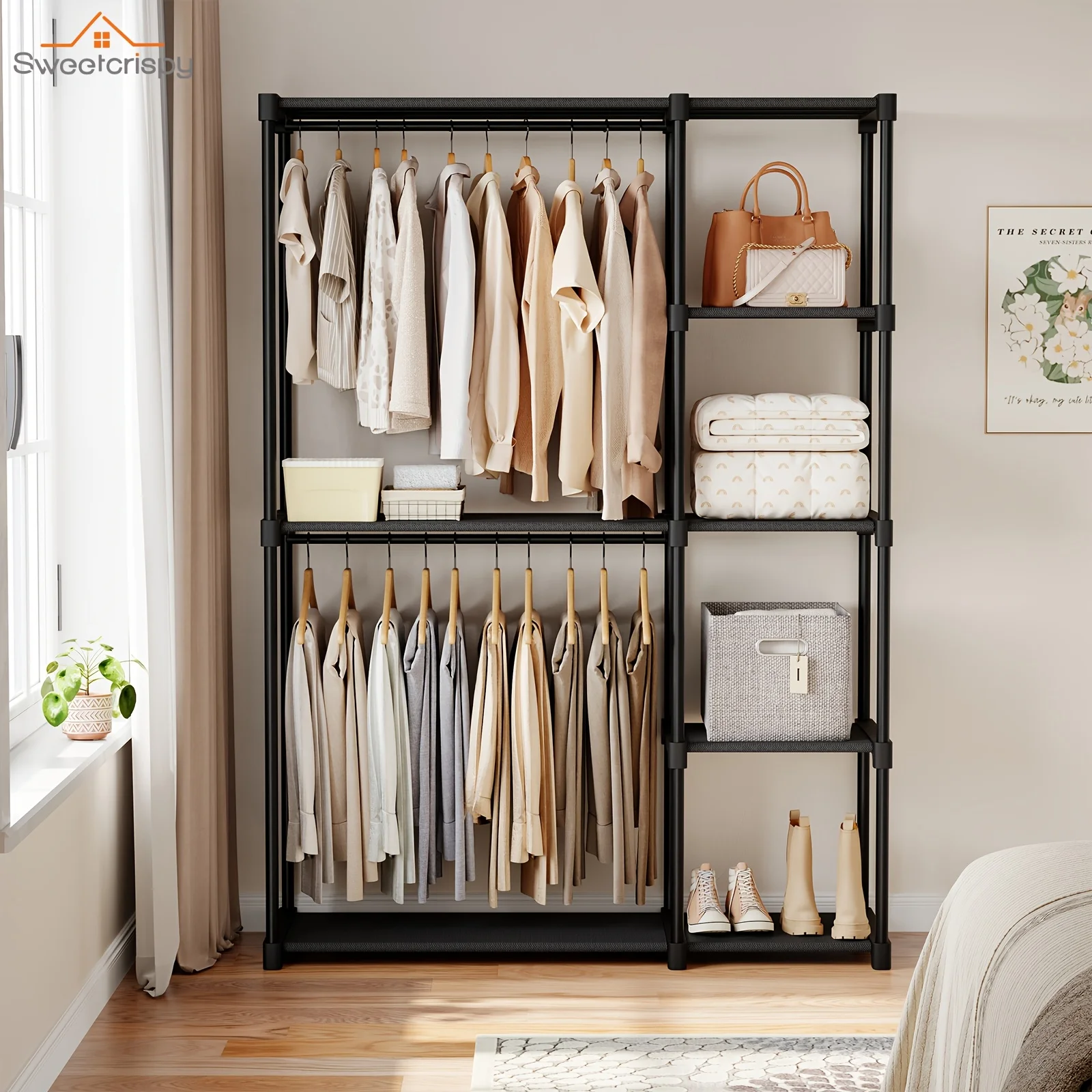 49/44IN Wardrobe Cabinet, Movable Garment Racks for Hanging Apparel, Independent Closet with 4 Level Shelving, Closet Organizers