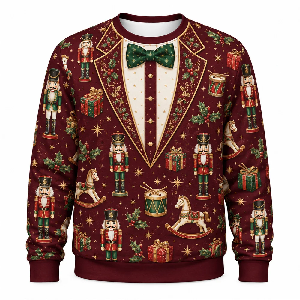 3D Print Funny Fake Lapel Bow Christmas Ugly Sweater Holiday Fashion Long Sleeve Crew Neck Sweatshirt Humour Design Xmas Gift