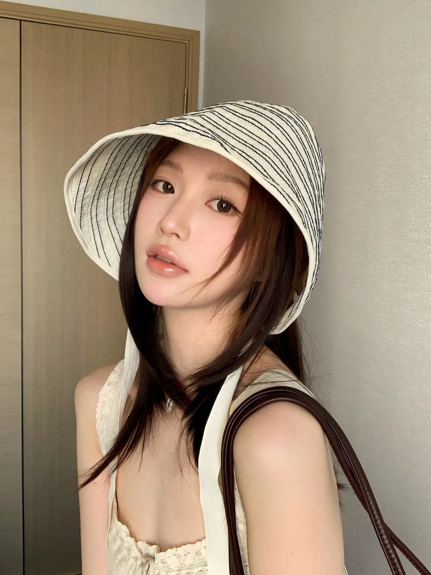 

Striped Drawstring Sun Hat French Vintage Summer Wide-Brimmed Fisherman's Hat Outdoor Sun Protection Hat
