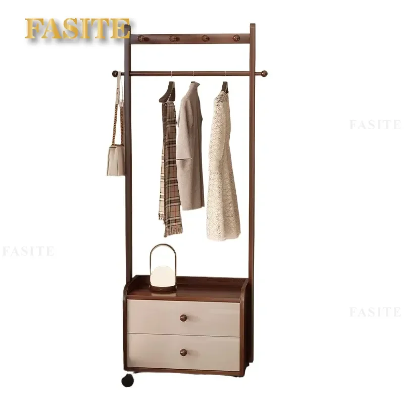 Solid Wood Bedside Table with Coat Rack Integrated Storage Drawer Floor Standing Hanger for Bedroom Indoor Home Organization