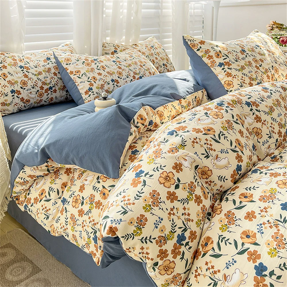 Four-piece Bedding Set Simple Duvet Cover Plant Flower Bed Sheet Adults and Kids Washed Cotton Pillowcase Home Textiles