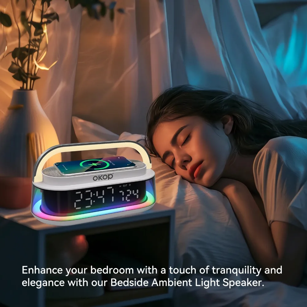 OKOP 4-in-1 Functionality Bluetooth Speaker,Smart Alarm Clock,Wireless Charger & RGB Night Light Subwoofer Колонка Speaker 범블비헬맷