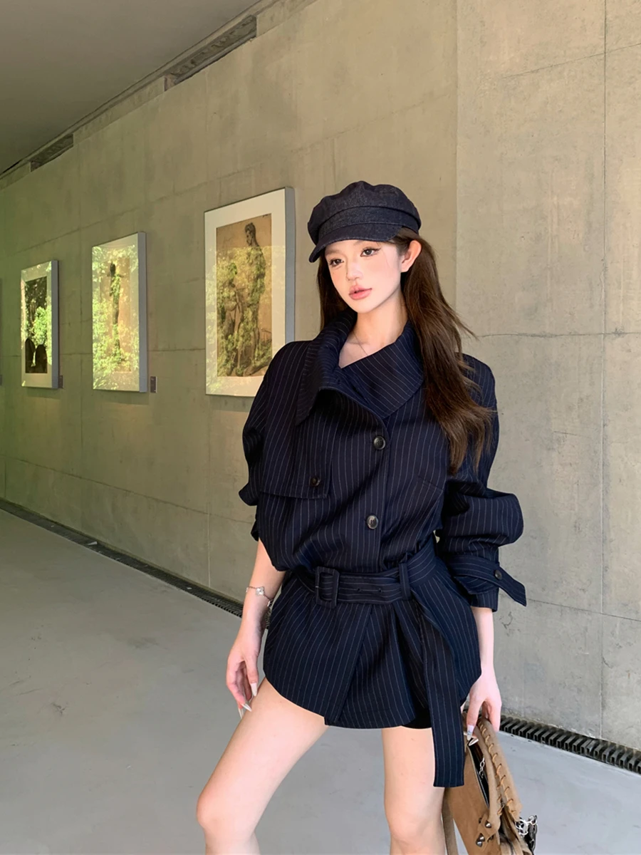 Korean Striped Loose Women's Windbreaker Coat  Collar Mid-Length Open Cardigan Top Commute Style Long Sleeve Daily Wear