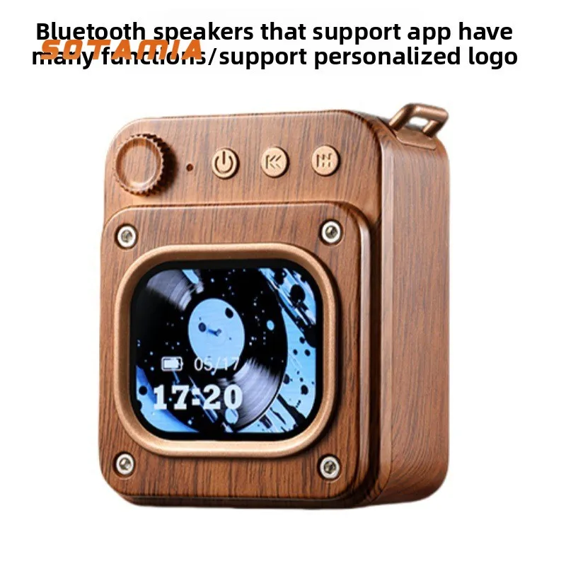 SOTAMIA APP Portable Bluetooth Speaker Mini Wood Grain Retro Subwoofer Pocket Speaker Multi Function Bluetooth Smart Screen