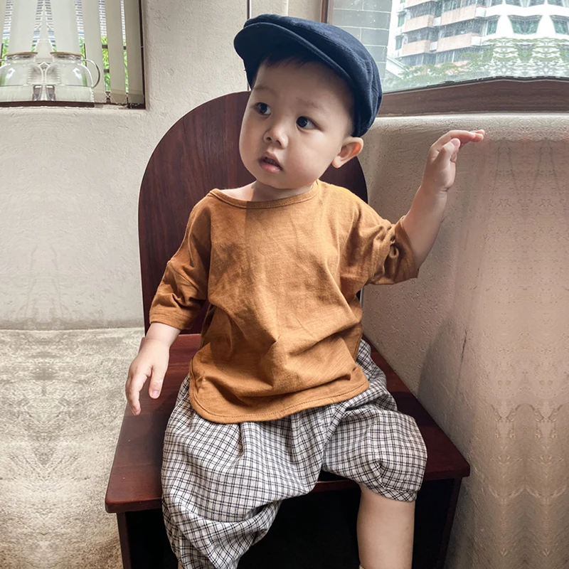 Children\'s Plaid Cotton And Linen Knee Length Pants Summer New Korean Boys And Girls Casual Loose Retro Bloomers WTP126