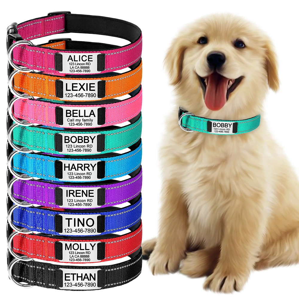 Personalisiertes, reflektierendes, individuell graviertes Hundehalsband, Namens-ID-Tag, leuchtender Welpe, glänzend, großes Unisex-Hundehalsband – Detail 3