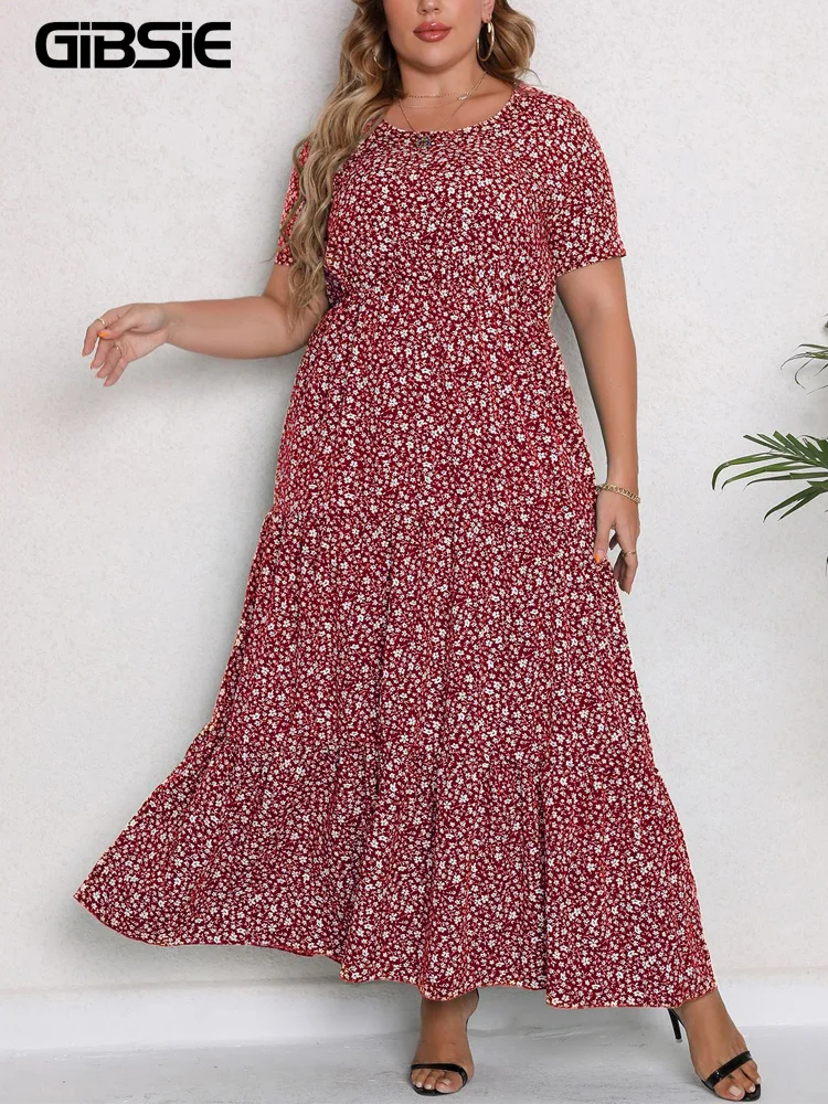 Gibsie Plus Size O-Ausschnitt Ditsy Blumen Rüschen Saum Kleid Frauen 2024 Sommer Kurzarm Urlaub Bohemian Beach Maxi lange Kleider