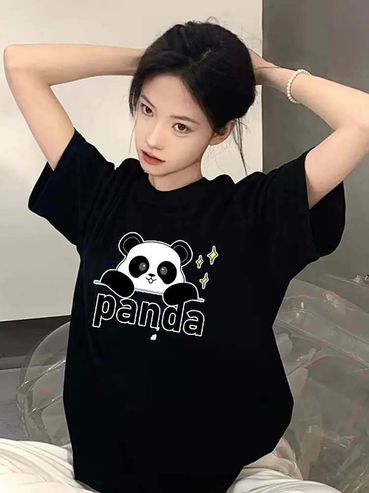Nuove donne magliette nere simpatico cartone animato Panda stampa grafica top Harajuku Casual girocollo Versatile maniche corte Unisex