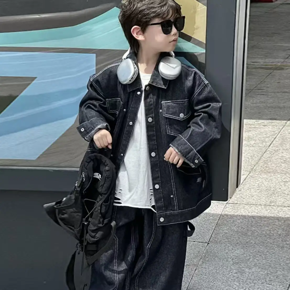 

Children Clothes Kids Casual Autumn Boys Denim Sets Casual Solid Color Loose Fashionable Denim Top Pants New Two-piece Set