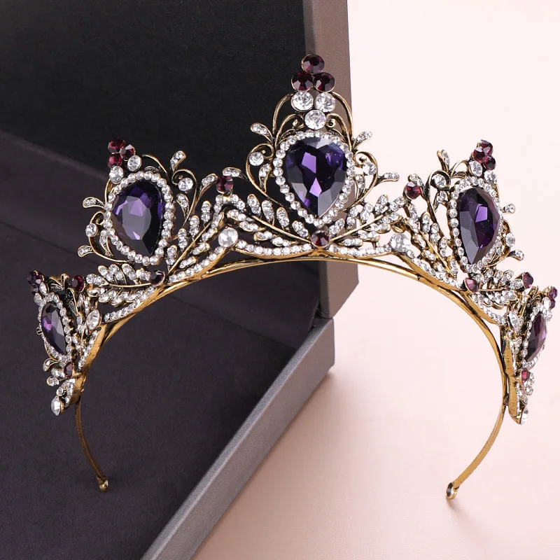 Élégante Couronne Baroque Vintage Tiara Mariage Fête Nuptiale Violet Noir Alliage Cristal Bijou Cheveux Accessoire Cadeau