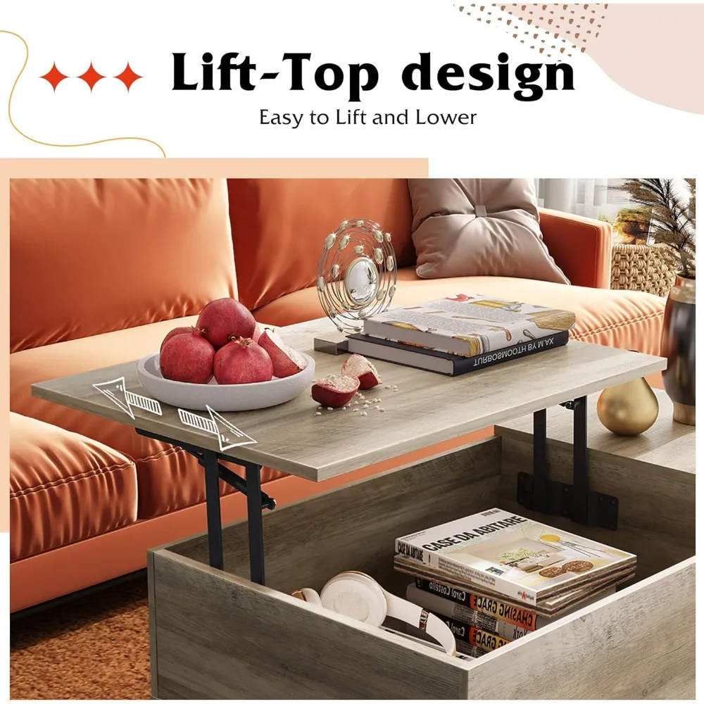 Lift-Top-Couchtisch mit Stauraum für Wohnzimmer, kleines verstecktes Fach und verstellbarem Regal, moderner Couchtisch aus der Mitte des Jahrhunderts