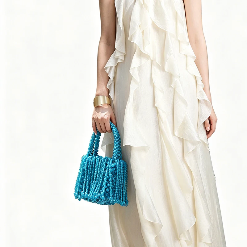 Vintage Amber Acrylic Beaded Tote Bag Women Top Handle Handheld Purse Summer Beach Boho Wedding Party Evening Bag