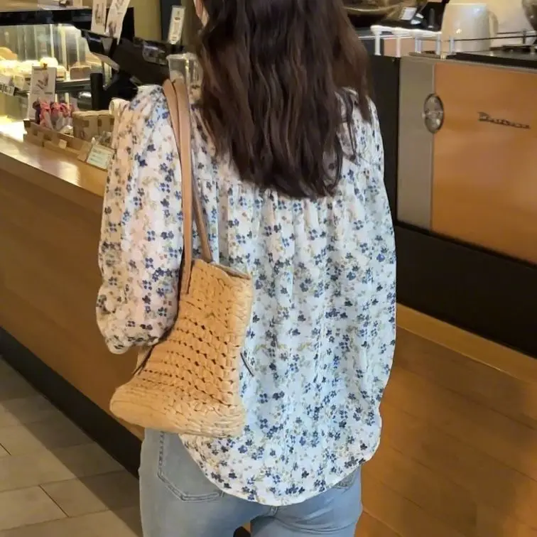 Casual solto bolha sve longo sve chiffon floral impressão irt feminino faion primavera verão novo sle solto ajuste topo