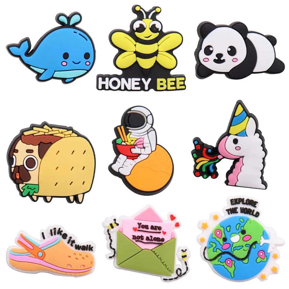 Mix 50pcs PVC Cartoon Whale Honey Hot Dog Horse Panda Astronaut Shoe Charms Sandals Shoes Button Decoration Slipper Accessories 