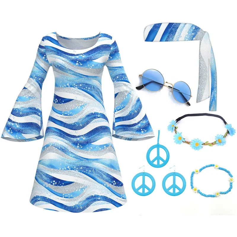 6070s Disco Outfit voor vrouwen Print Jurk Psychedelische Hippie Kostuum Set voor Halloween Party Cosplay Retro Jurk