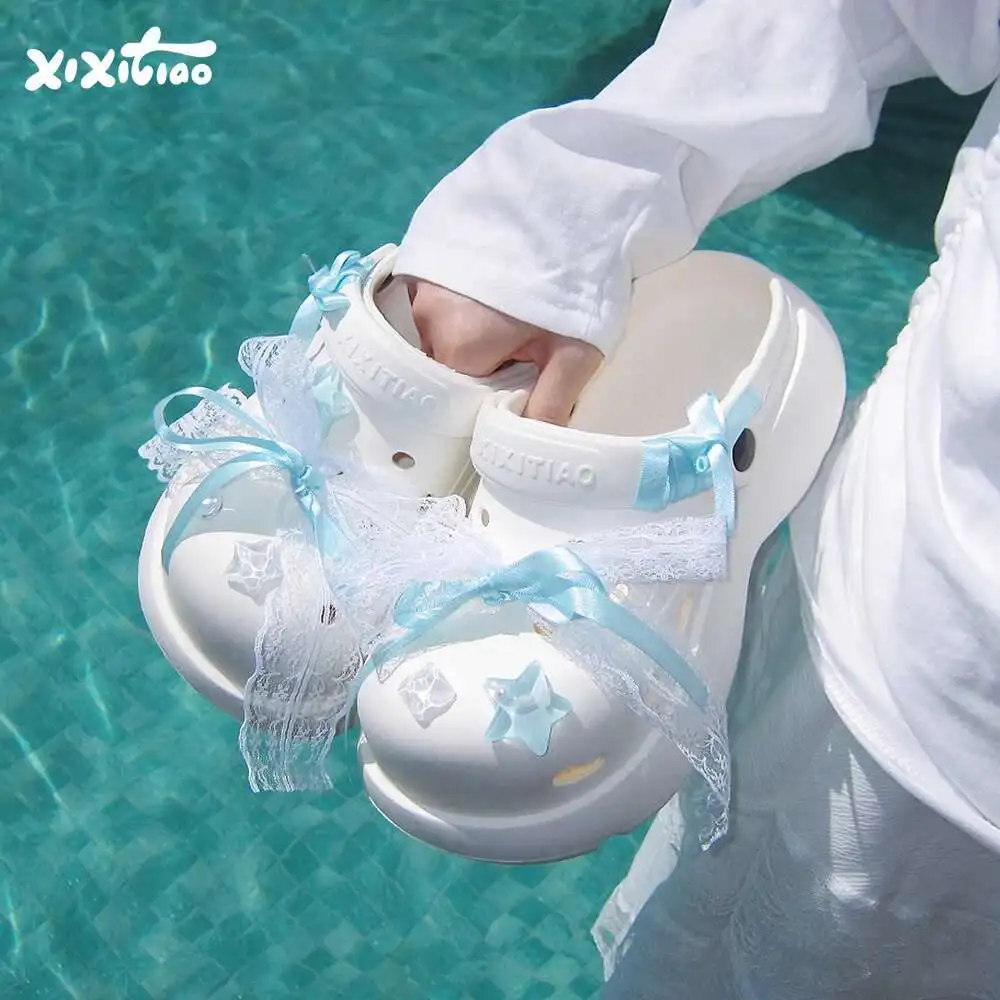 

Women Garden Shoes Style Lace Bow DIY Sandals Hole Shoes, Versatile For Women Summer Beach Vacation Beach Slippers