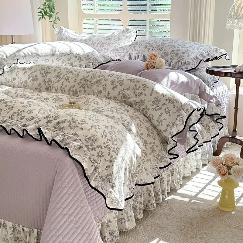 

LTT double yarn bed cover four-piece set spring and summer lotus leaf lace quilt cover cotton bed cover