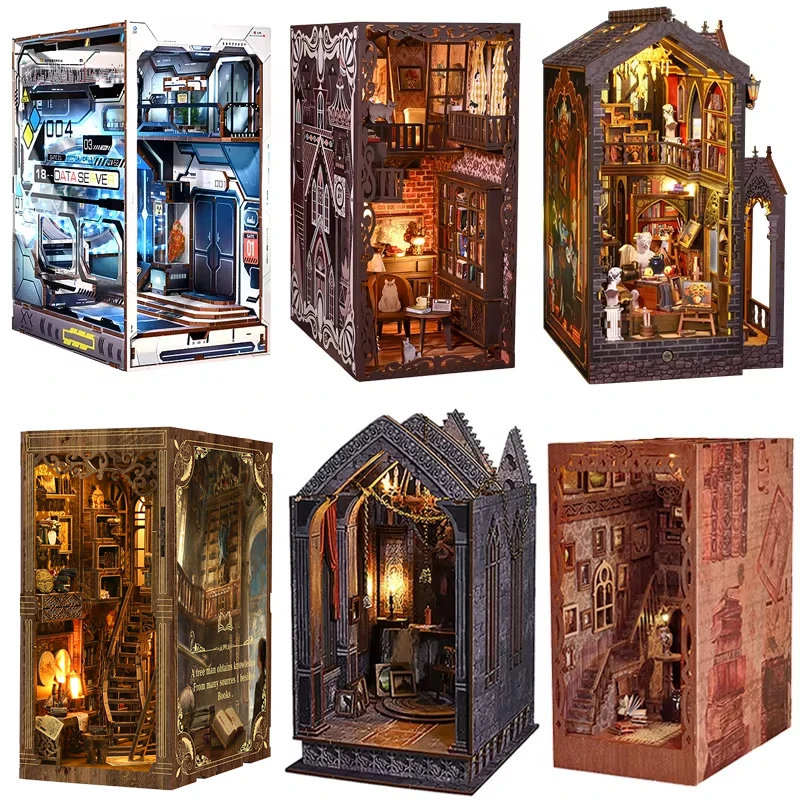 

DIY книжный уголок, комплект, деревянный мини-кукольный домик, 3D головоломка ручной работы, сборка, модель здания, книжная полка, подставка для книг с мебелью, кукольный домик