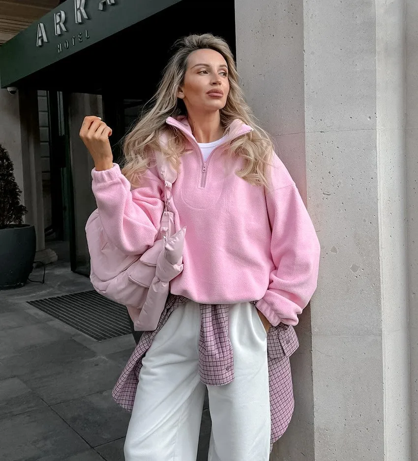 Loose Fit Pullover Hoodie Mid Long Length Commuter Style with Regular Sleeve Long Sleeve Notched Lapel Zipper Women Sweatshirt