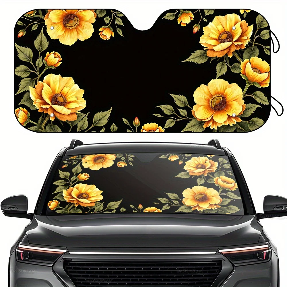 

1pc OASISDREAM 57" X 27.5" RV Sun Shade With Yellow Floral Design - UV Blocking Windshield Sun Visor Protector, Includes 4 Free