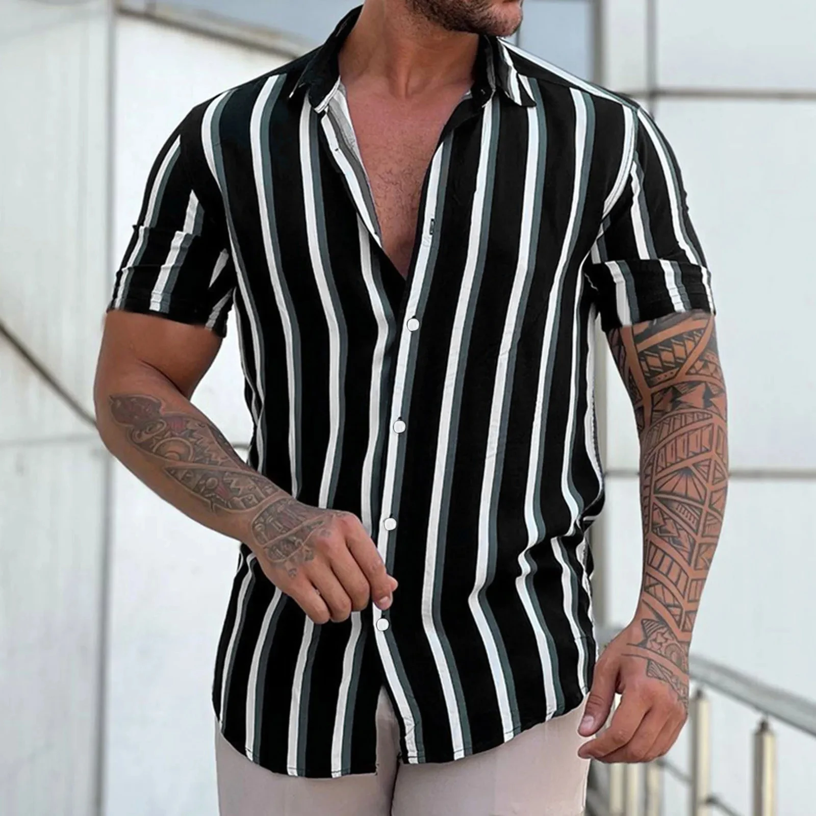 New Men Shirt Fashion Striped 3D Print Short Sleeve Tees Summer Beach Shirt Turn-down Collar Button Casual Blouse Men\'s Clothing