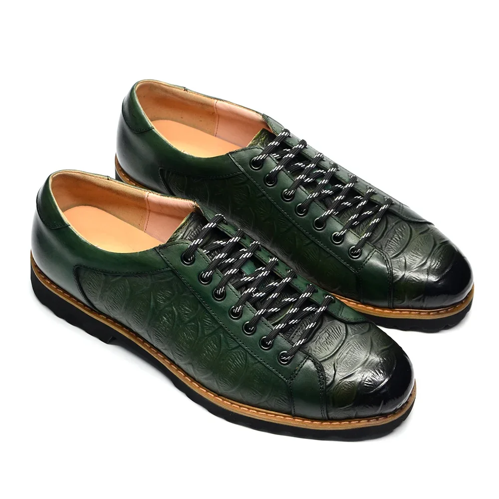 Luxury Brand Designer Men Casual Derby Shoes Cow Genuine Leather Fashion Crocodile Pattern Lace-Up Green Non-slip Sneakers Male