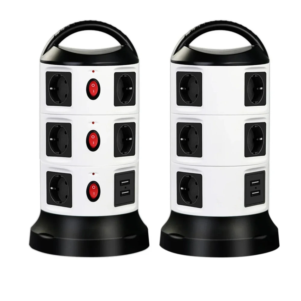 EU Plug 2/3 Layers Tower Power Strip Vertical Socket Surge Protector Outlets with USB Individual Switches 1.8m Cord Home Office