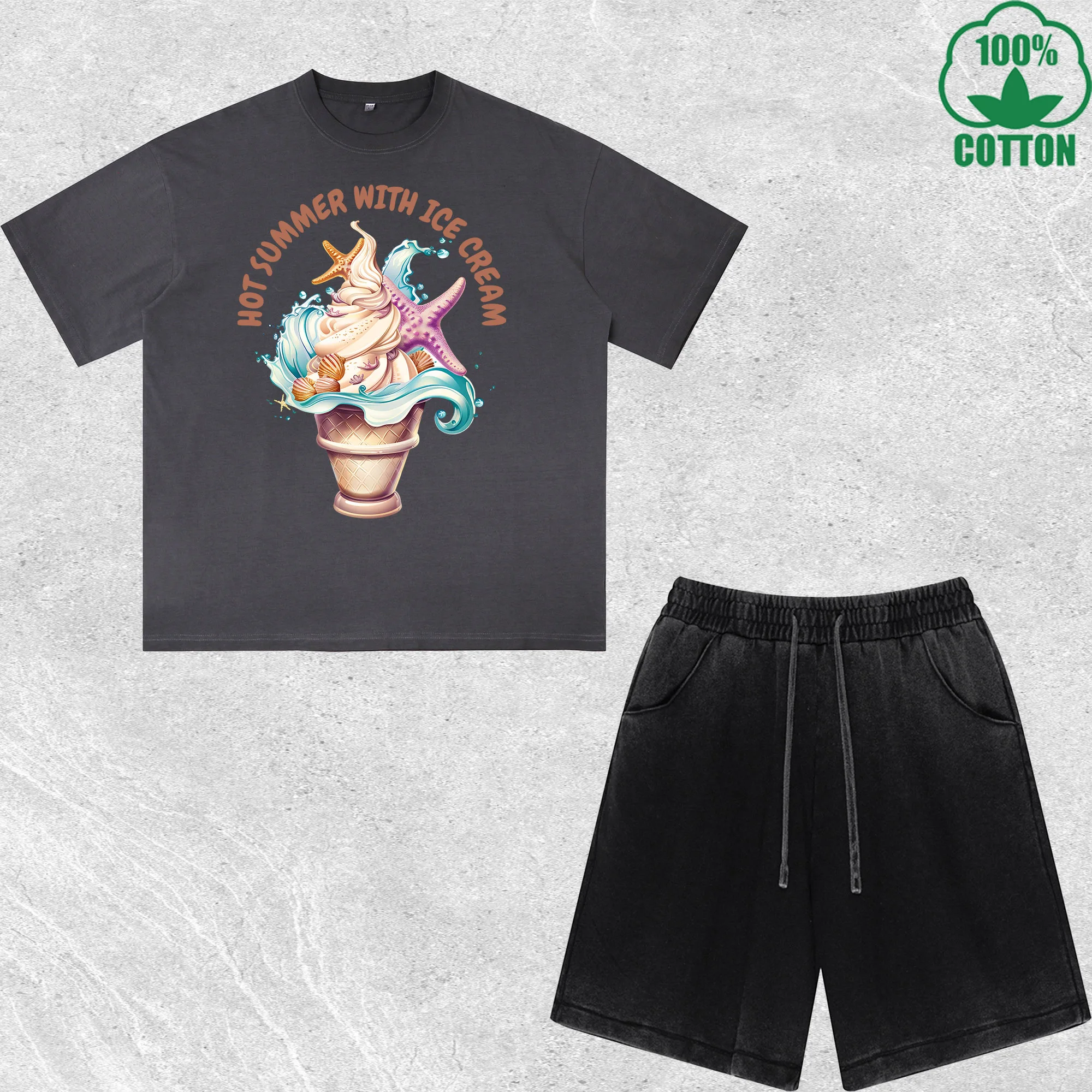 

Hot Summer with Ice Cream Printed Dirty Wash T-Shirt Shorts Set Multicolor Combo Loose Trendy Fashionable 100%Cotton